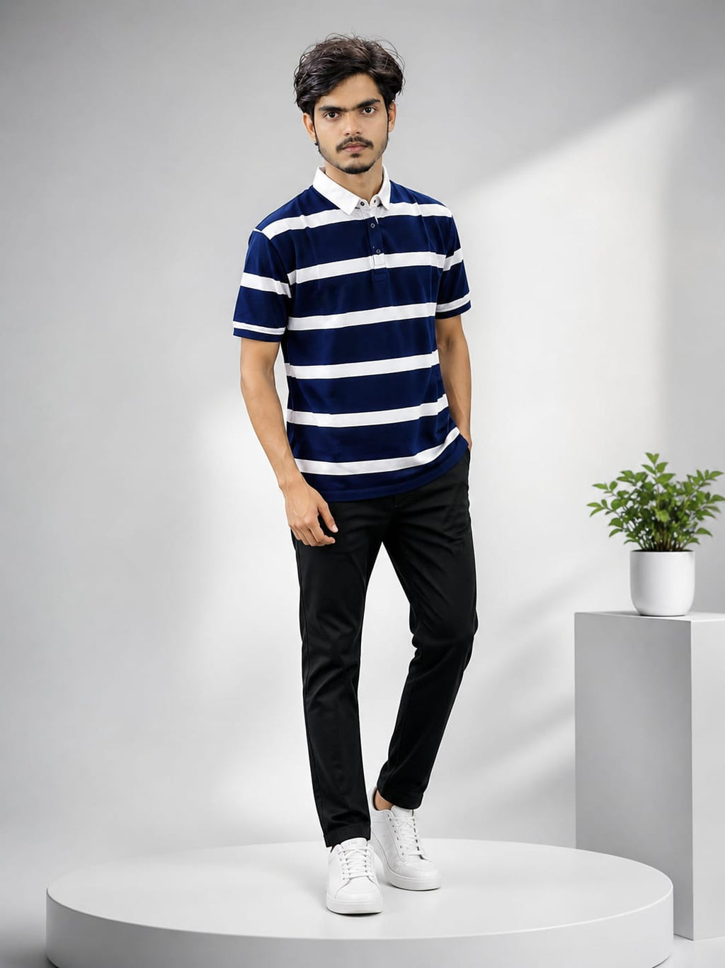 Men’s Navy Blue Striped Collar T-Shirt suitable for daily use. Made with soft and breathable fabric, ideal for regular wear.