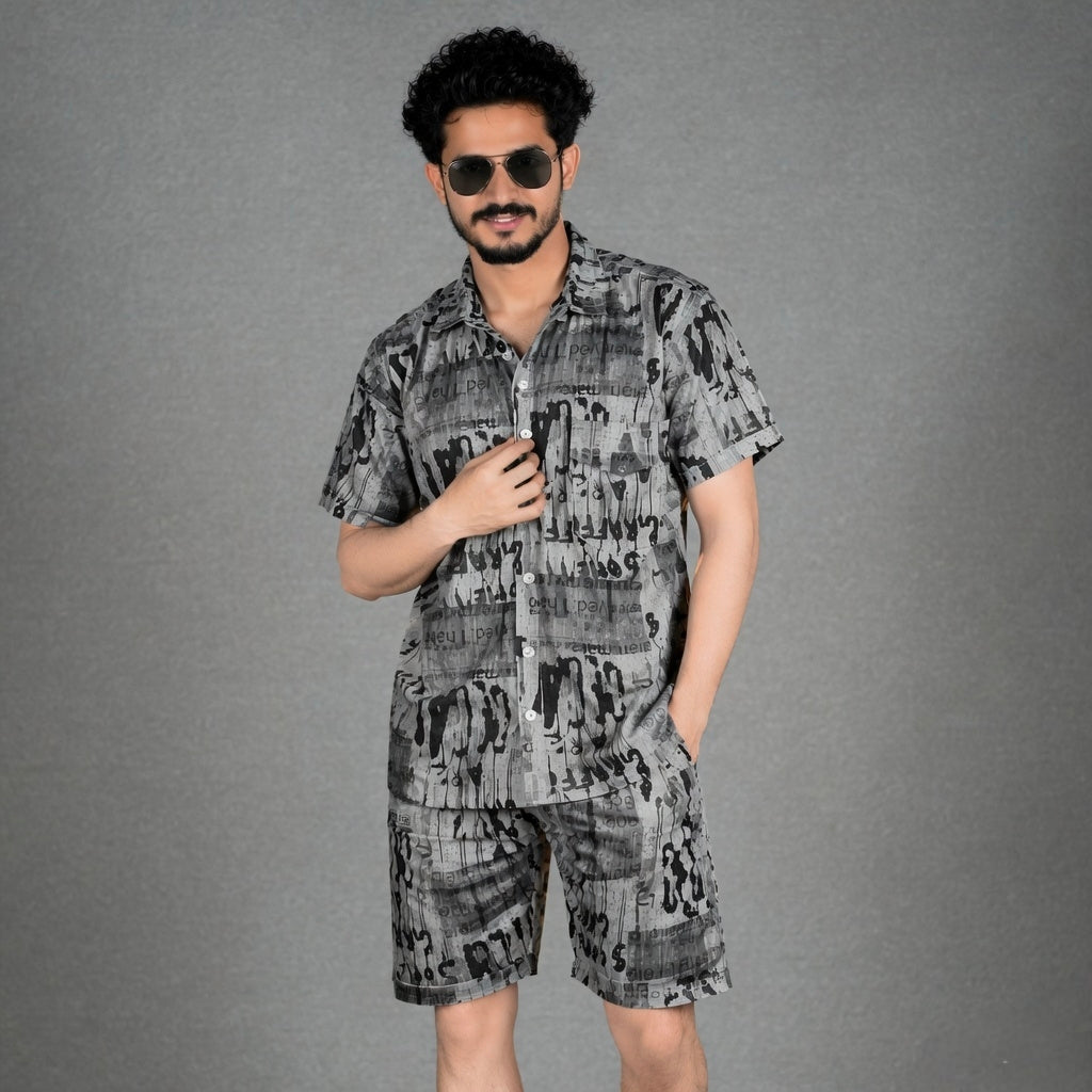 EVELIY Men’s Printed Co-Ord Set – Stylish Shirt & Shorts Combo for Summer Casual Wear