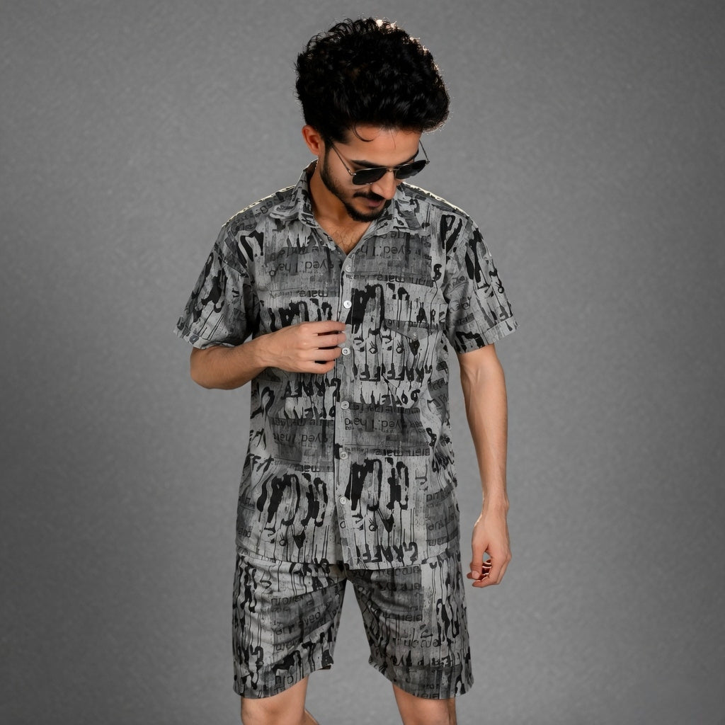 EVELIY Men’s Printed Co-Ord Set – Stylish Shirt & Shorts Combo for Summer Casual Wear