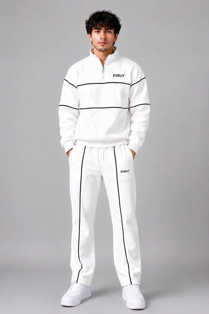 EVELIY Men's Premium White Tracksuit | Half Zip | Regular Fit | Cotton Fleece