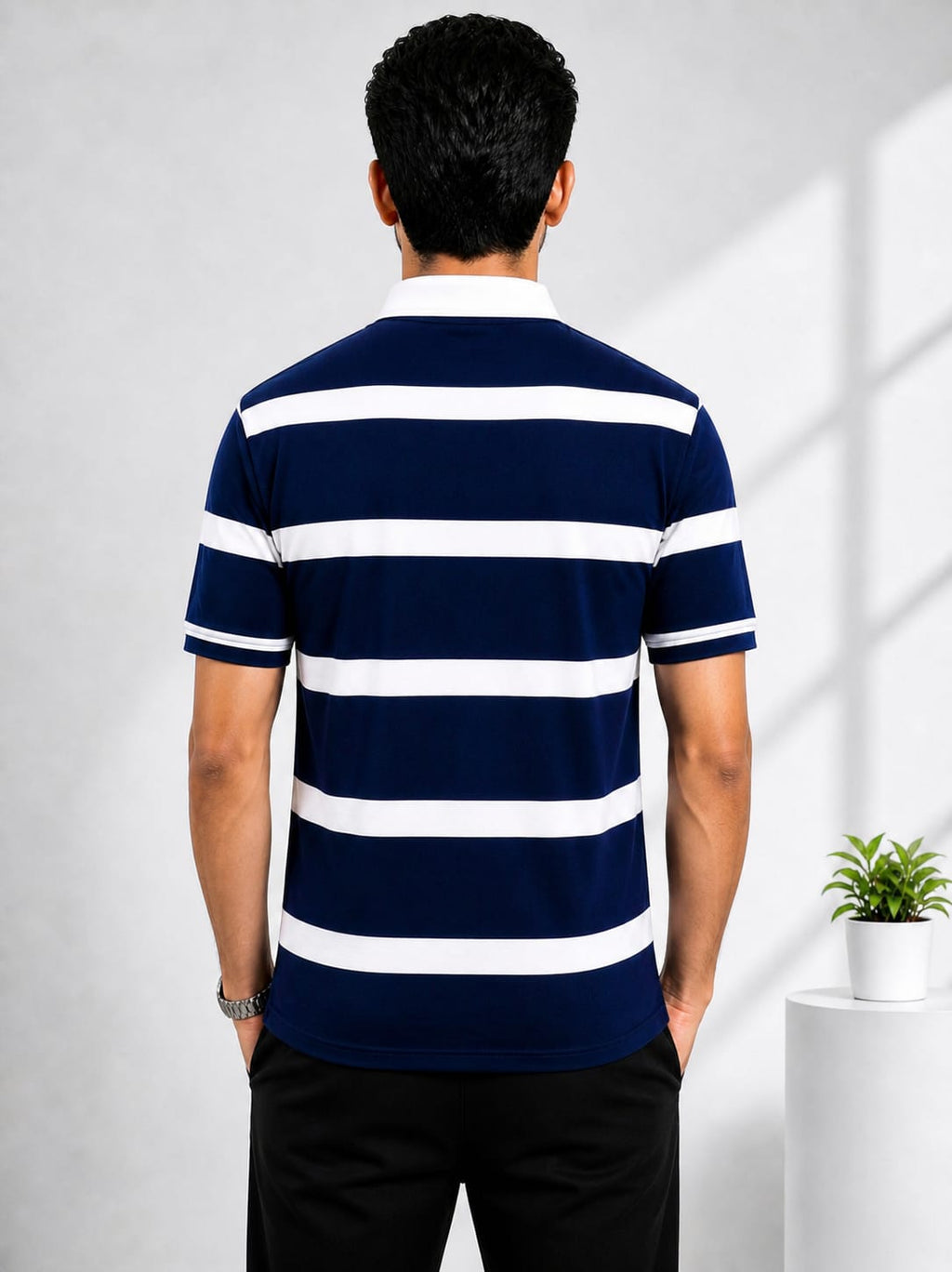 Men’s Navy Blue Striped Collar T-Shirt suitable for daily use. Made with soft and breathable fabric, ideal for regular wear.