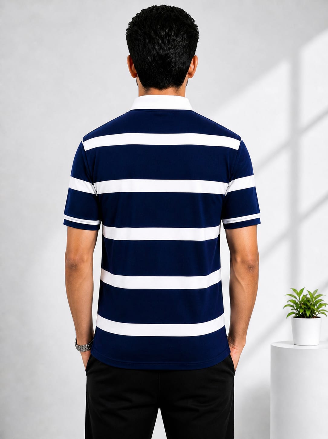 Men’s Navy Blue Striped Collar T-Shirt suitable for daily use. Made with soft and breathable fabric, ideal for regular wear.