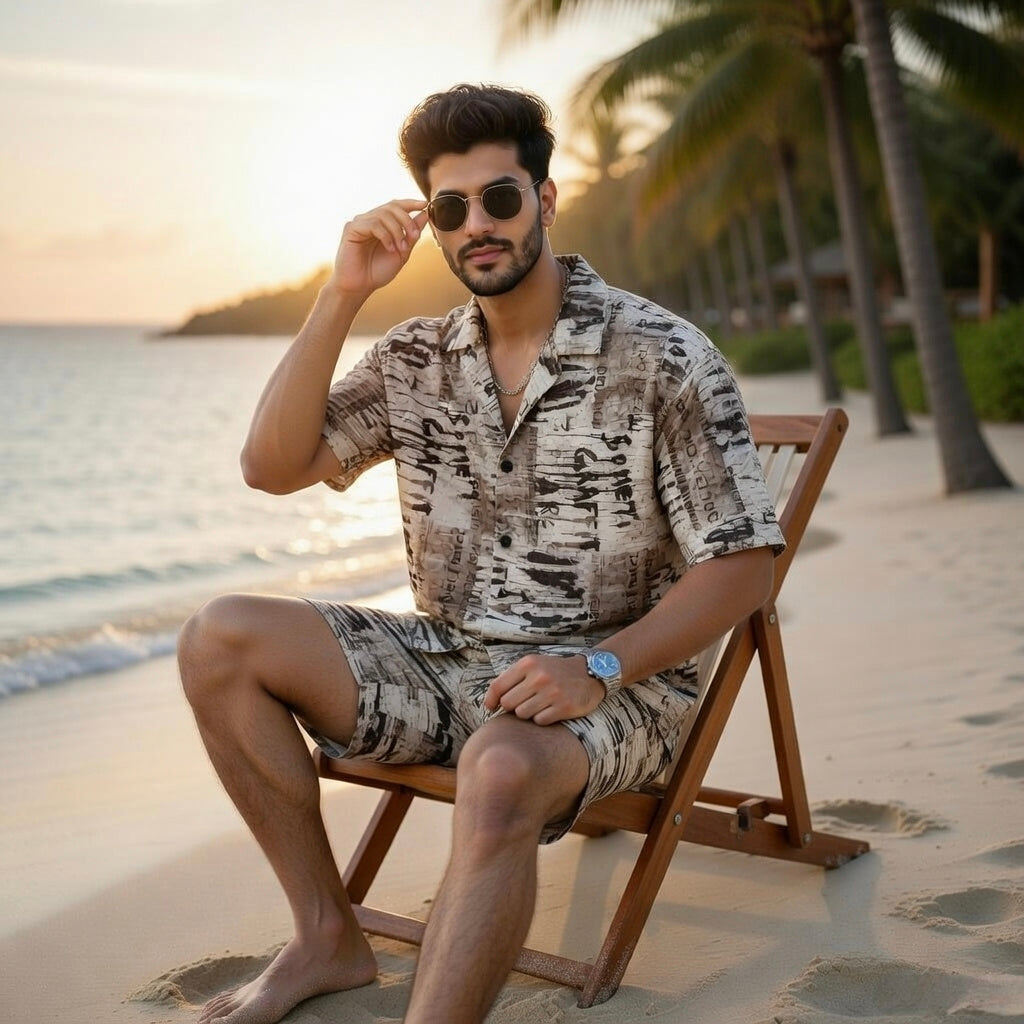 Men Printed Co-Ord Set – Summer Beach Shirt & Shorts Combo | Casual Vacation Outfit for Men | EVELIY