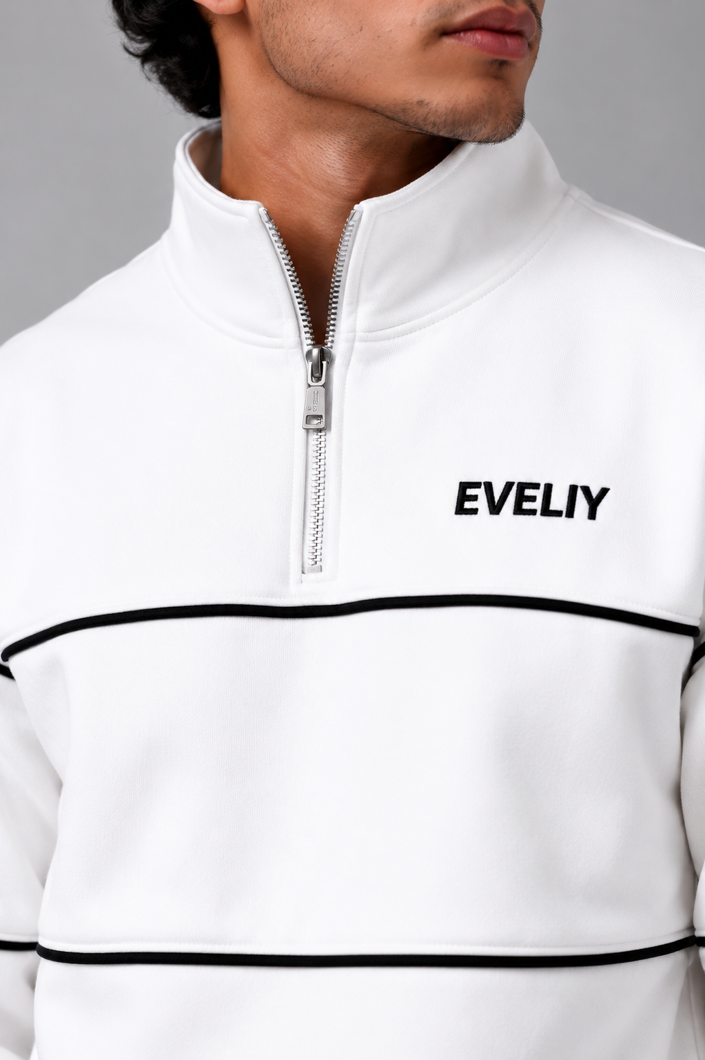 EVELIY Men's Premium White Tracksuit | Half Zip | Regular Fit | Cotton Fleece