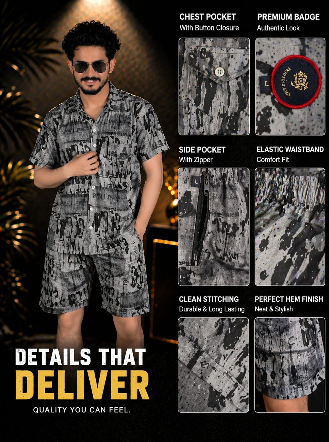 EVELIY Men’s Printed Co-Ord Set – Stylish Shirt & Shorts Combo for Summer Casual Wear