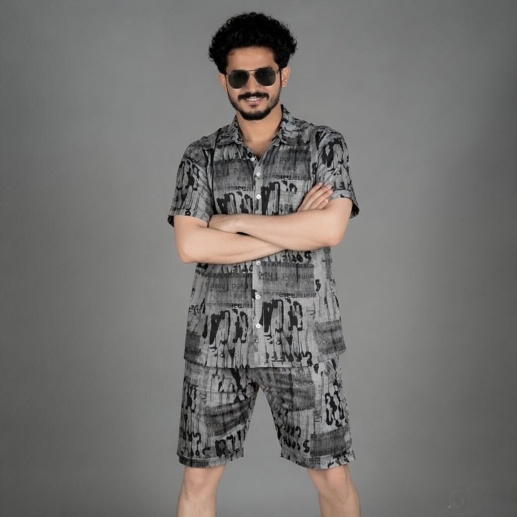 EVELIY Men’s Printed Co-Ord Set – Stylish Shirt & Shorts Combo for Summer Casual Wear