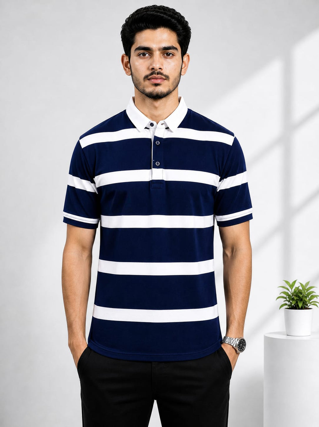 Men’s Navy Blue Striped Collar T-Shirt suitable for daily use. Made with soft and breathable fabric, ideal for regular wear.