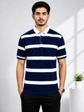 Men’s Navy Blue Striped Collar T-Shirt suitable for daily use. Made with soft and breathable fabric, ideal for regular wear.