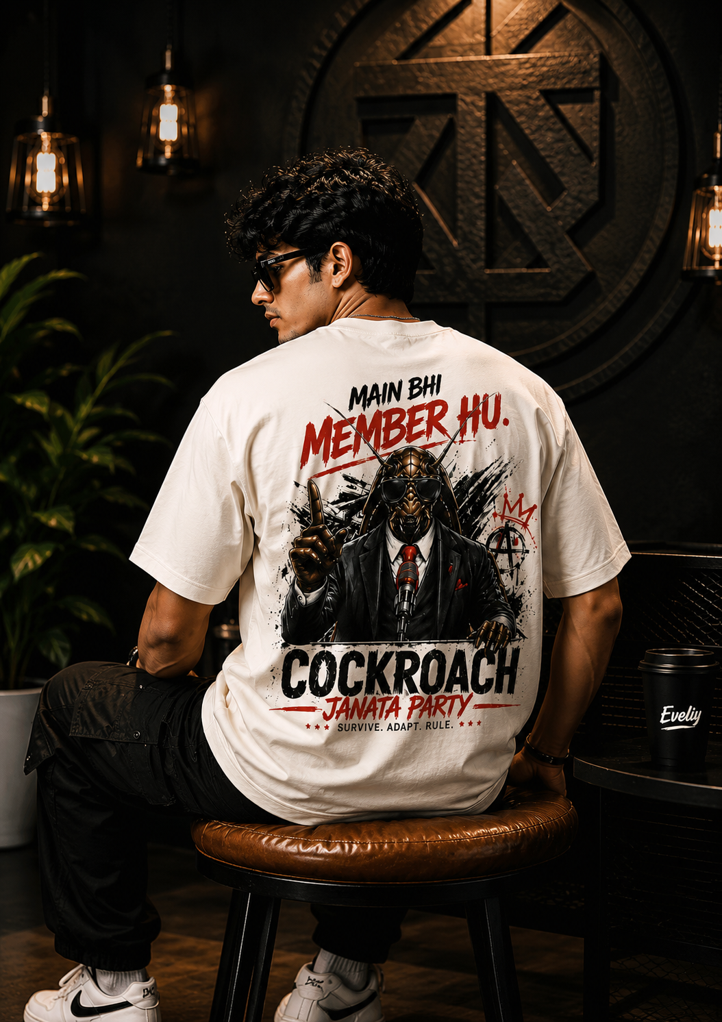 Cockroach Janata Party Oversized T-Shirt for Men | Main Bhi Member Hu Back Print Streetwear Tee | EVELIY