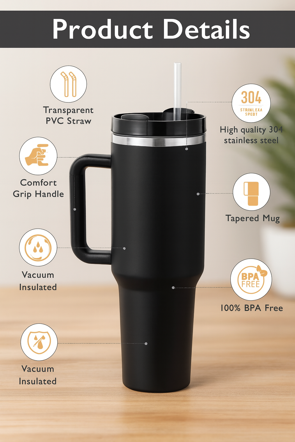 Premium Stainless Steel Insulated Tumbler With Straw &amp; Handle | Hot &amp; Cold Travel Mug&nbsp;