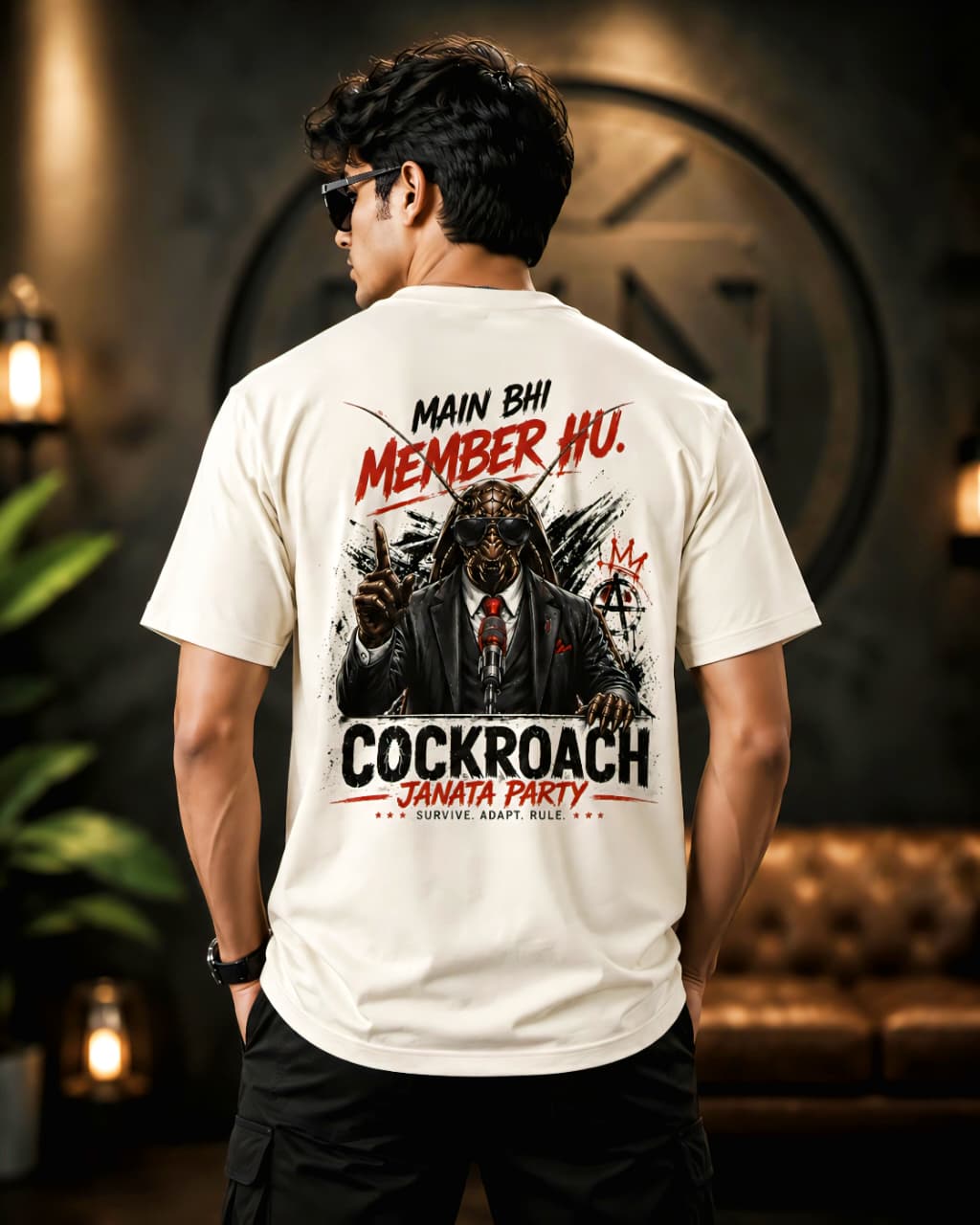 Cockroach Janata Party Oversized T-Shirt for Men | Main Bhi Member Hu Back Print Streetwear Tee | EVELIY