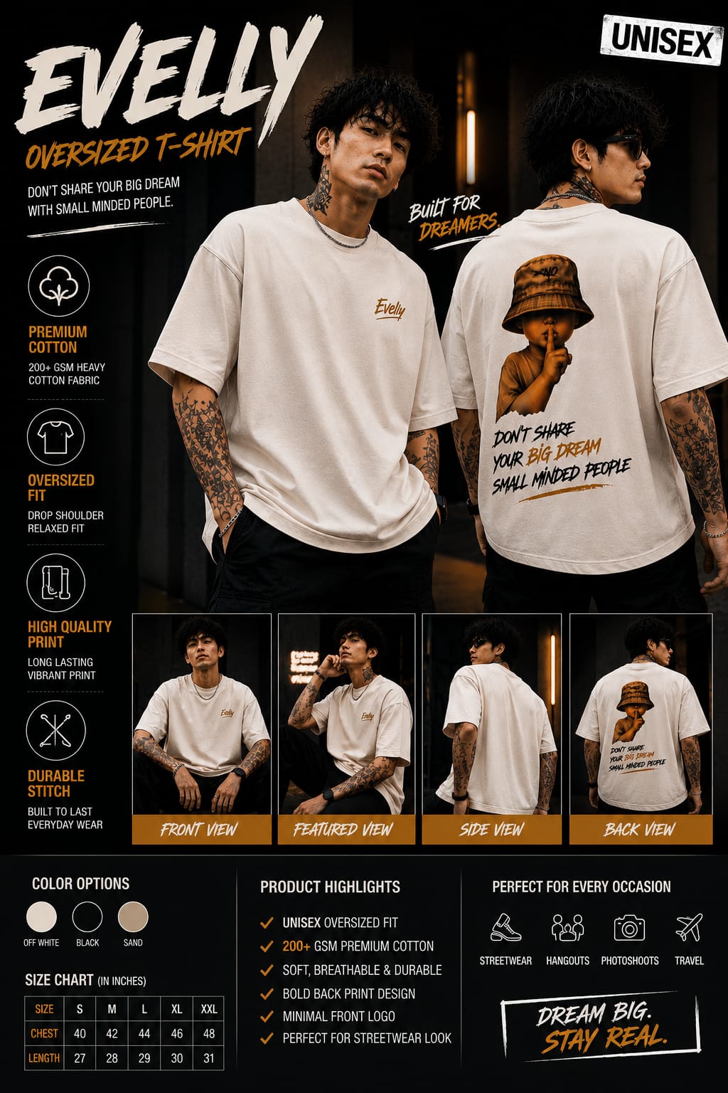 Eveliy Oversized Graphic T-Shirt for Men | Streetwear Printed Cotton Tee