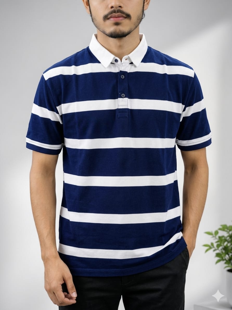Men’s Navy Blue Striped Collar T-Shirt suitable for daily use. Made with soft and breathable fabric, ideal for regular wear.