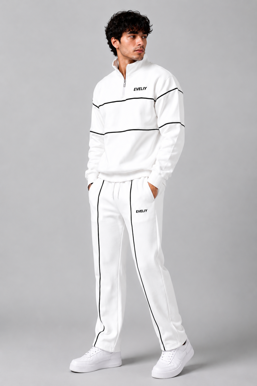 EVELIY Men's Premium White Tracksuit | Half Zip | Regular Fit | Cotton Fleece