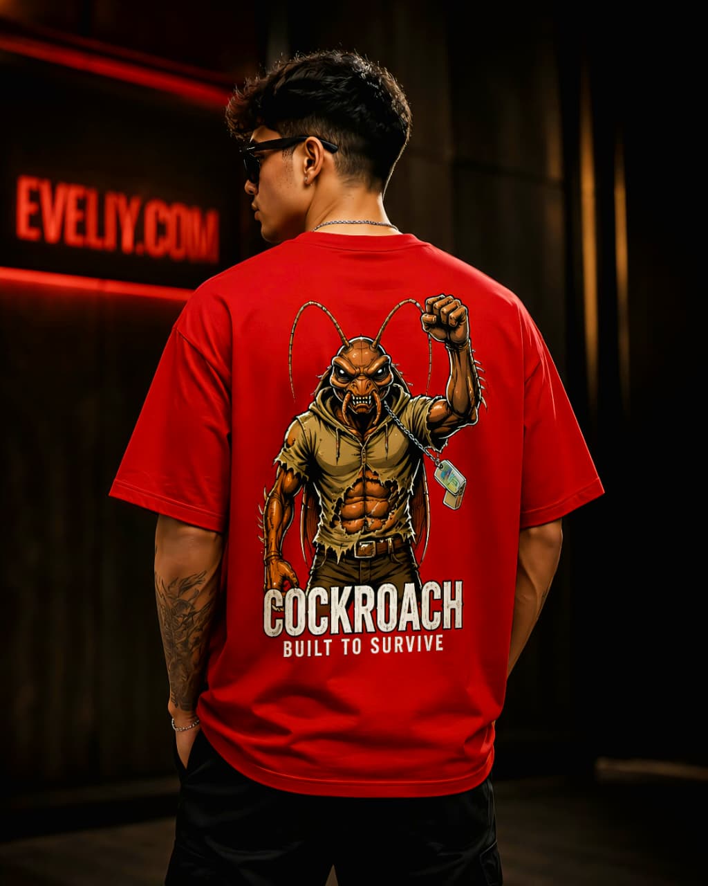 Cockroach Built To Survive Oversized Graphic T-Shirt for Men | Streetwear Anime Back Print Tee | EVELIY
