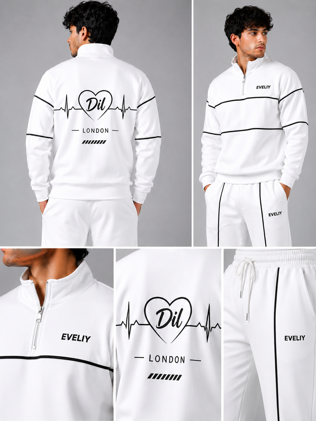 EVELIY Men's Premium White Tracksuit | Half Zip | Regular Fit | Cotton Fleece