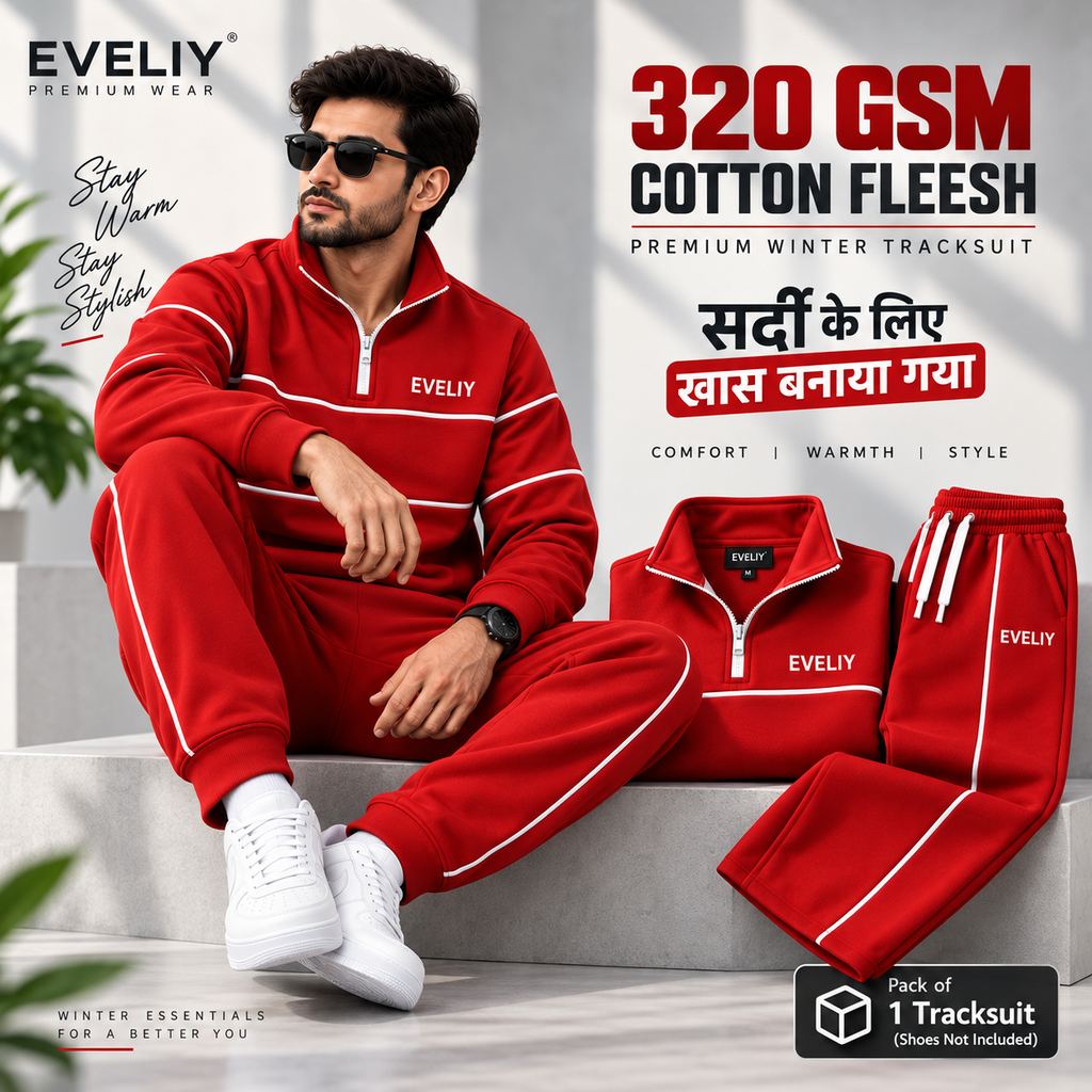EVELIY 320 GSM Cotton Fleece Premium Tracksuit for Men