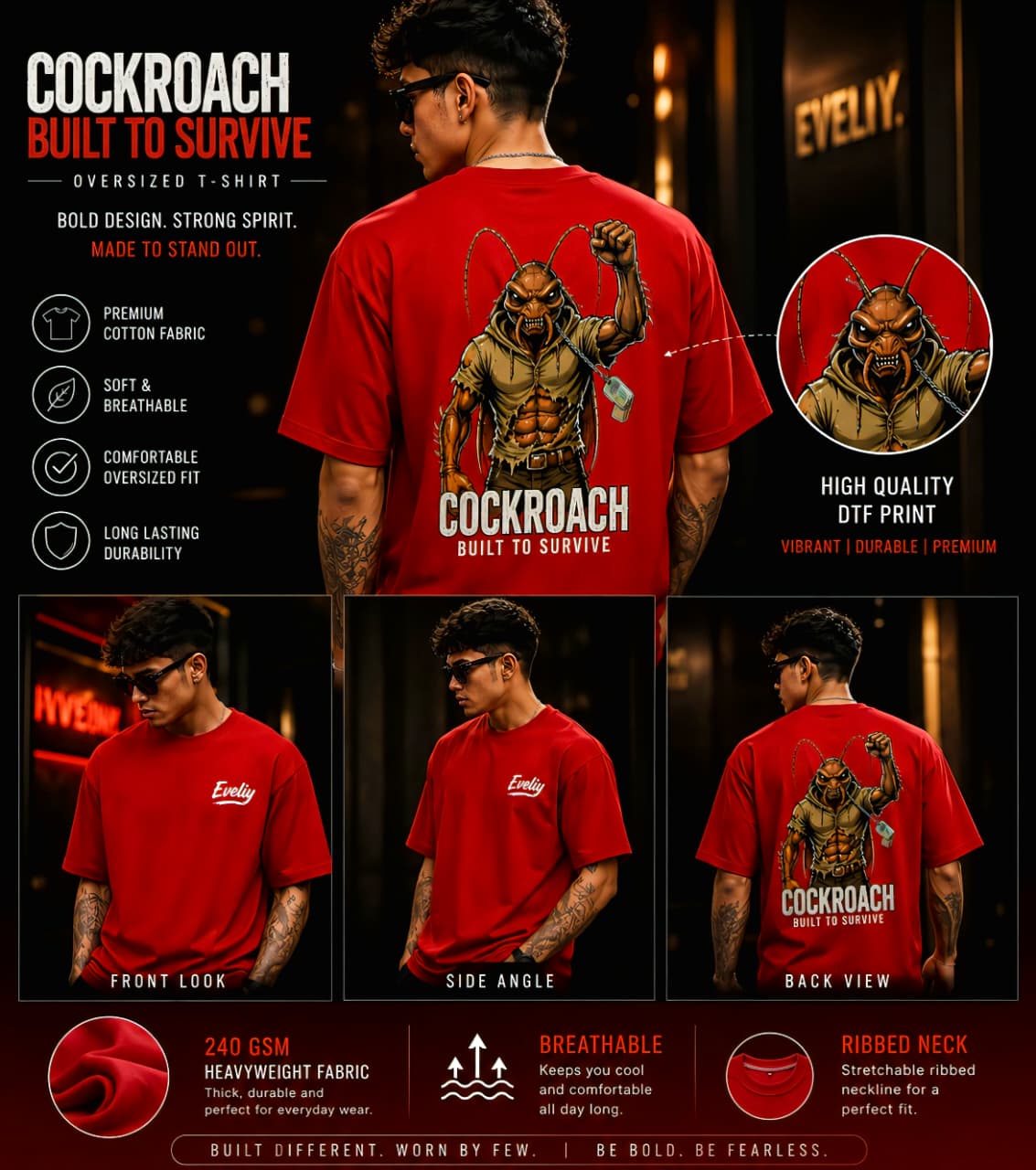 Cockroach Built To Survive Oversized Graphic T-Shirt for Men | Streetwear Anime Back Print Tee | EVELIY