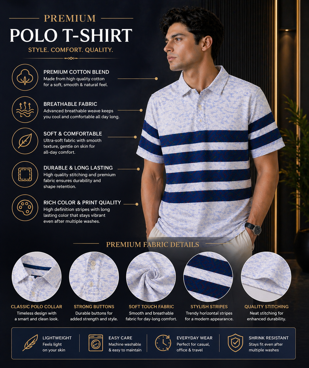 Men’s Premium Polo T-Shirt Cotton Blend | Stylish Striped Casual T-Shirt for Men | Comfortable Summer Wear