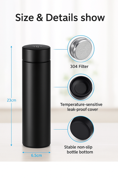 Smart Temperature Display Water Bottle | Stainless Steel Vacuum Insulated Hot &amp; Cold Flask | 500ml Leak-Proof Thermos Bottle for Office, Gym, Travel
