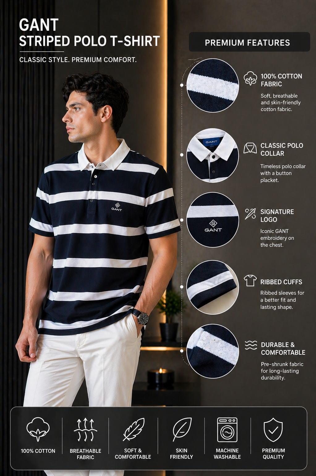 Men Navy Blue Striped Polo T-Shirt | Premium Cotton Casual Half Sleeve Collar T-Shirt for Men